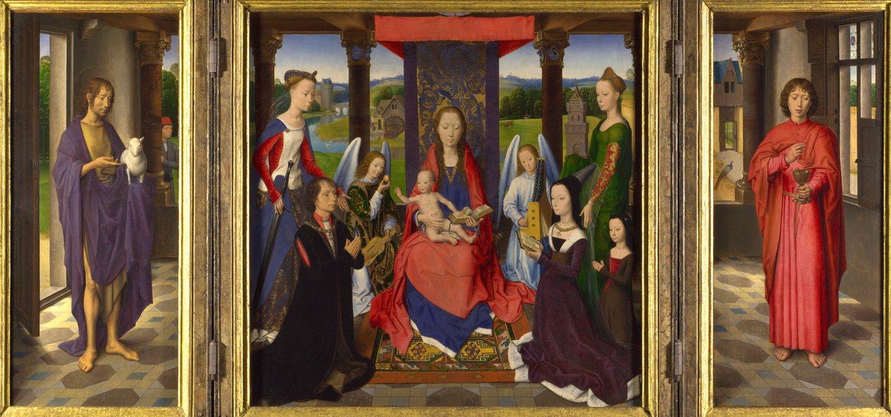 Jungfru Maria och barnet med helgon och donatorer av Hans Memling