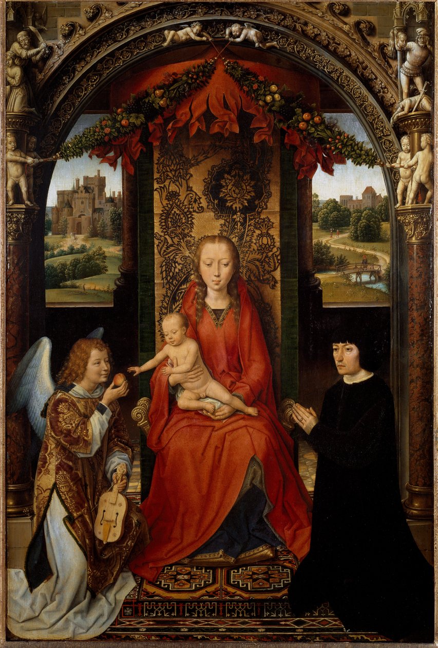 Jungfrun och barnet med givaren och en musikerängel. (Målning, ca 1485) av Hans Memling