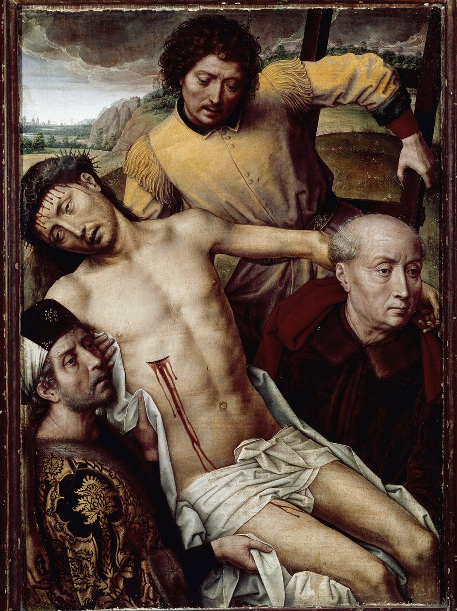 Korsets nedstigning (deponering). Jesu Kristi kropp bärs av tre män, inklusive Josef av Arimathia (vänster) och Nikodema (höger). Målning av Hans MEMLING (1433-1494), år 1470. Flamländsk konst. Olja på trä. Granada, kungliga kapellet. av Hans Memling