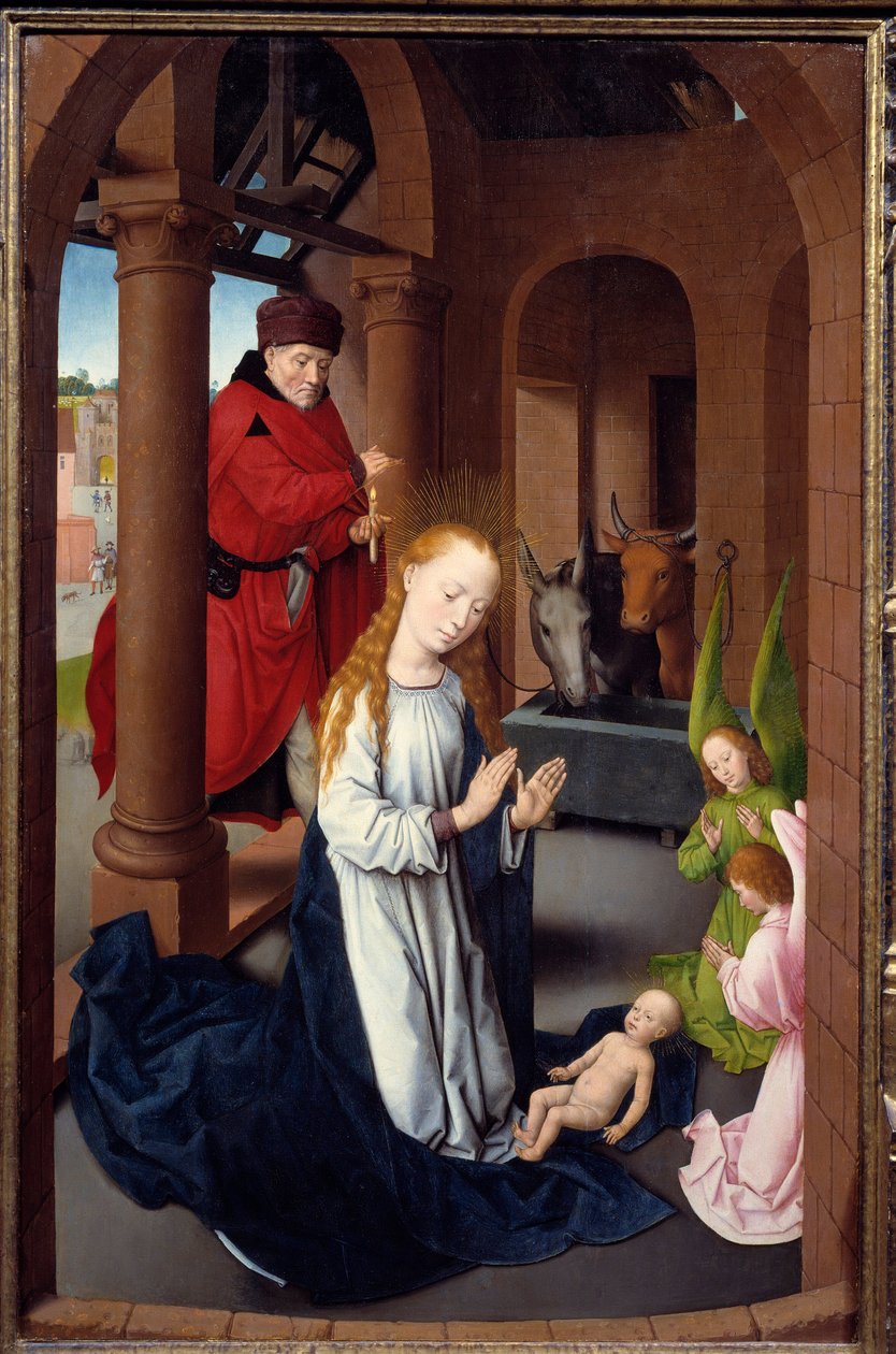 Triptyk av tillbedjan av männen. Detalj av den vänstra panelen: La Nativite. Detrempe på trä av Hans Memling (1433-1494), ca 1470. Madrid. Pradomuseet av Hans Memling