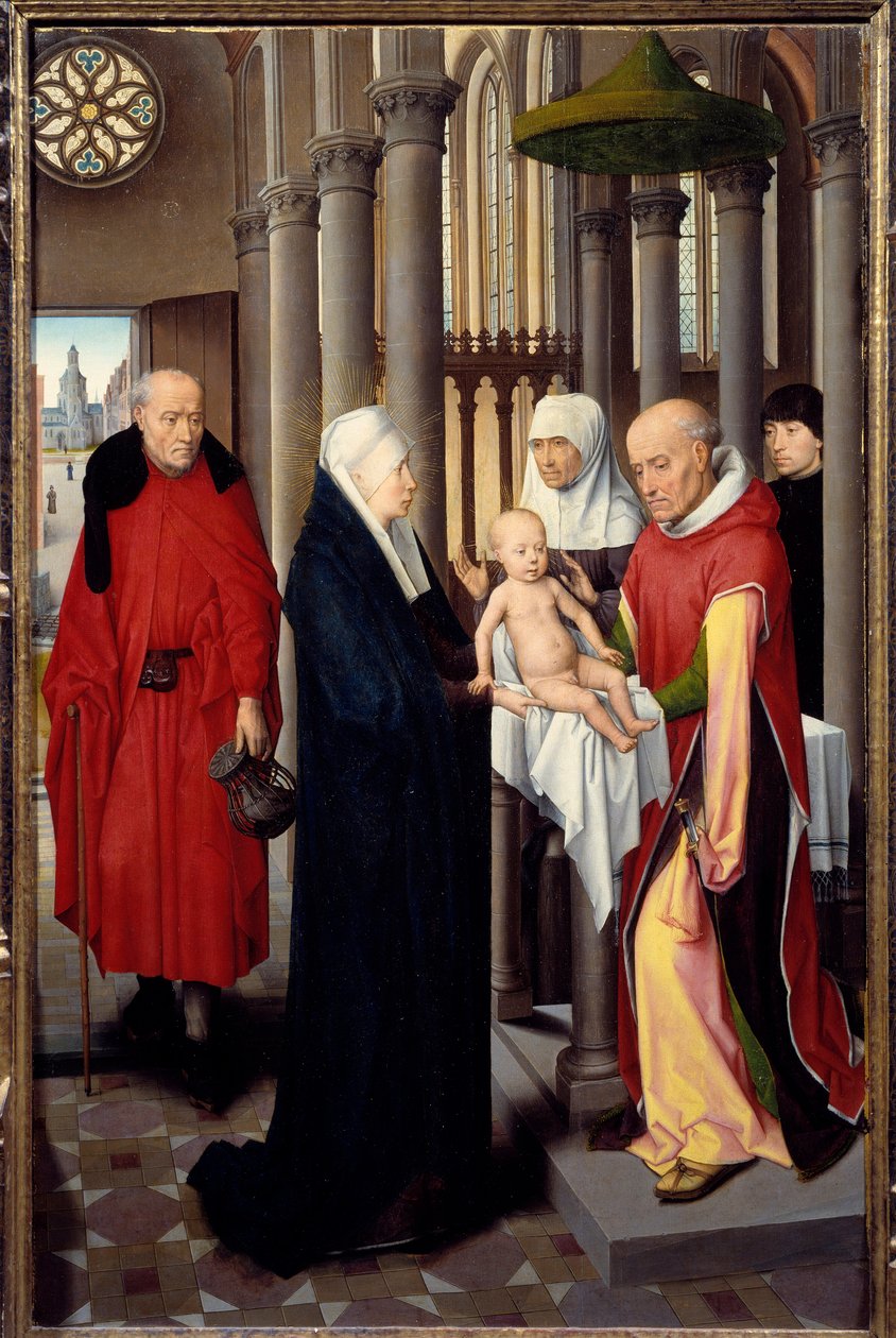 Triptyk av tillbedjan av männen. Detalj av den högra panelen: Presentation vid templet. Detrempe på trä av Hans Memling (1433-1494), ca 1470. Madrid. Pradomuseet av Hans Memling