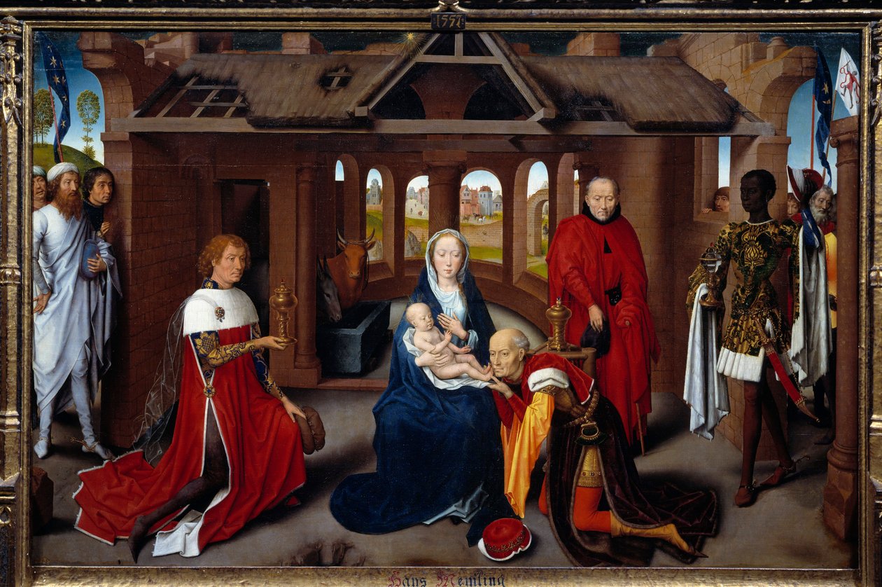Triptyk av tillbedjan av männen: central panel. Magerna är som Charles the Temeraire och Philip the Good. Detrempe på trä av Hans Memling (1433-1494). omkring 1470, sön. 0,95x1,45 m Madrid. Musee du Prado. - Triptyk över magiernas tillbedjan: cent av Hans Memling