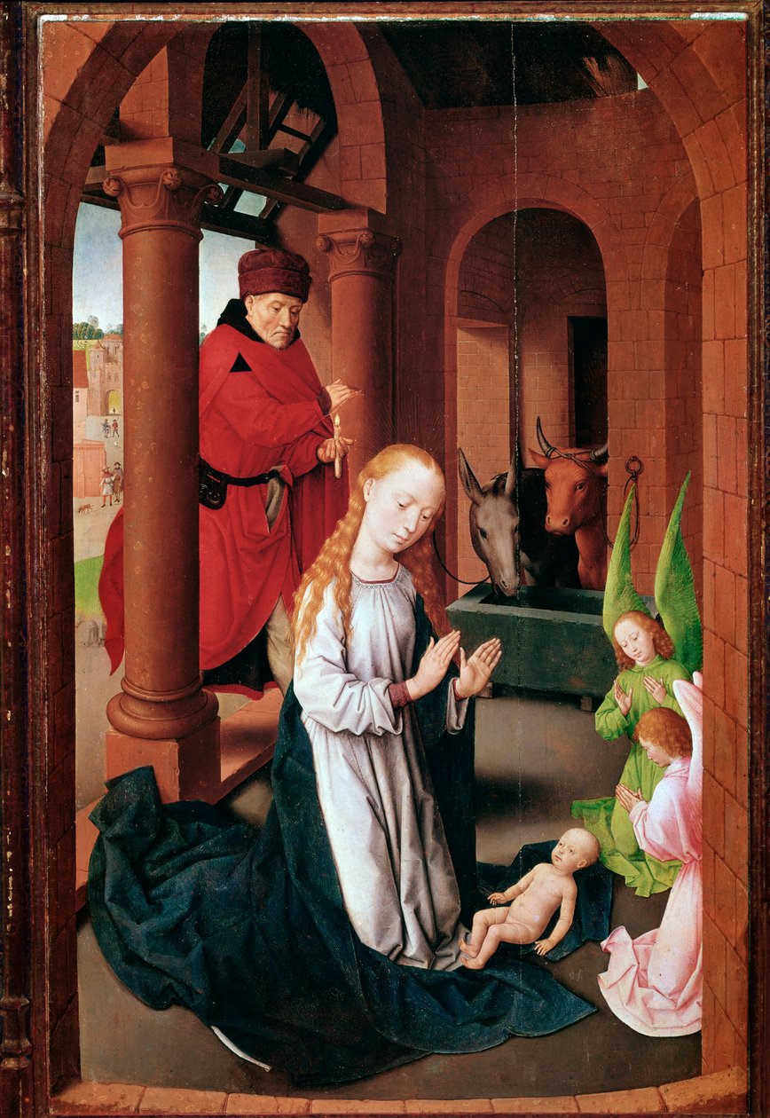 Triptyk av Prado (eller Adoration of Magi): Nativite vänster panel (målning, ca 1470) av Hans Memling