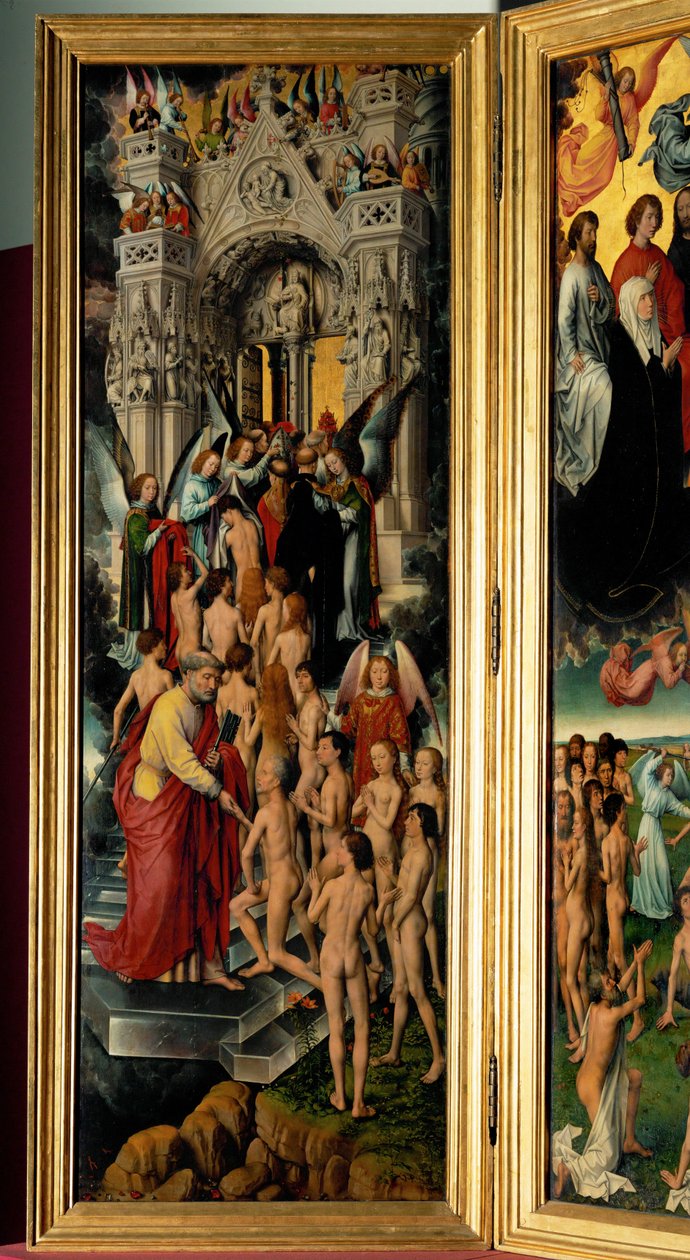 Triptyk med den yttersta domen, vänster panel: De rättfärdigas mottagande i himlen (triptyk på pannå) av Hans Memling