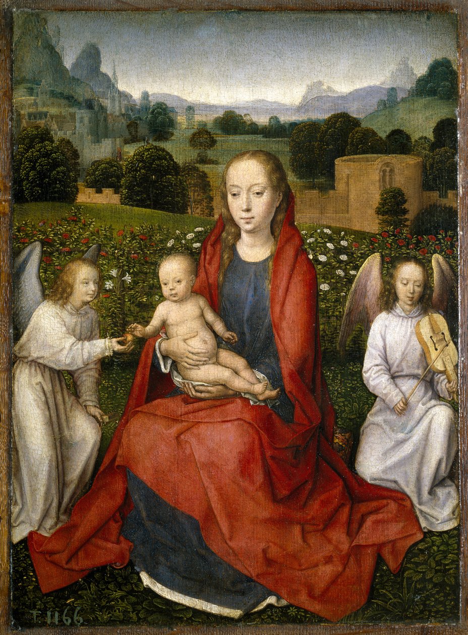 Jungfru och barn och två änglar, 1480-1490 av Hans Memling
