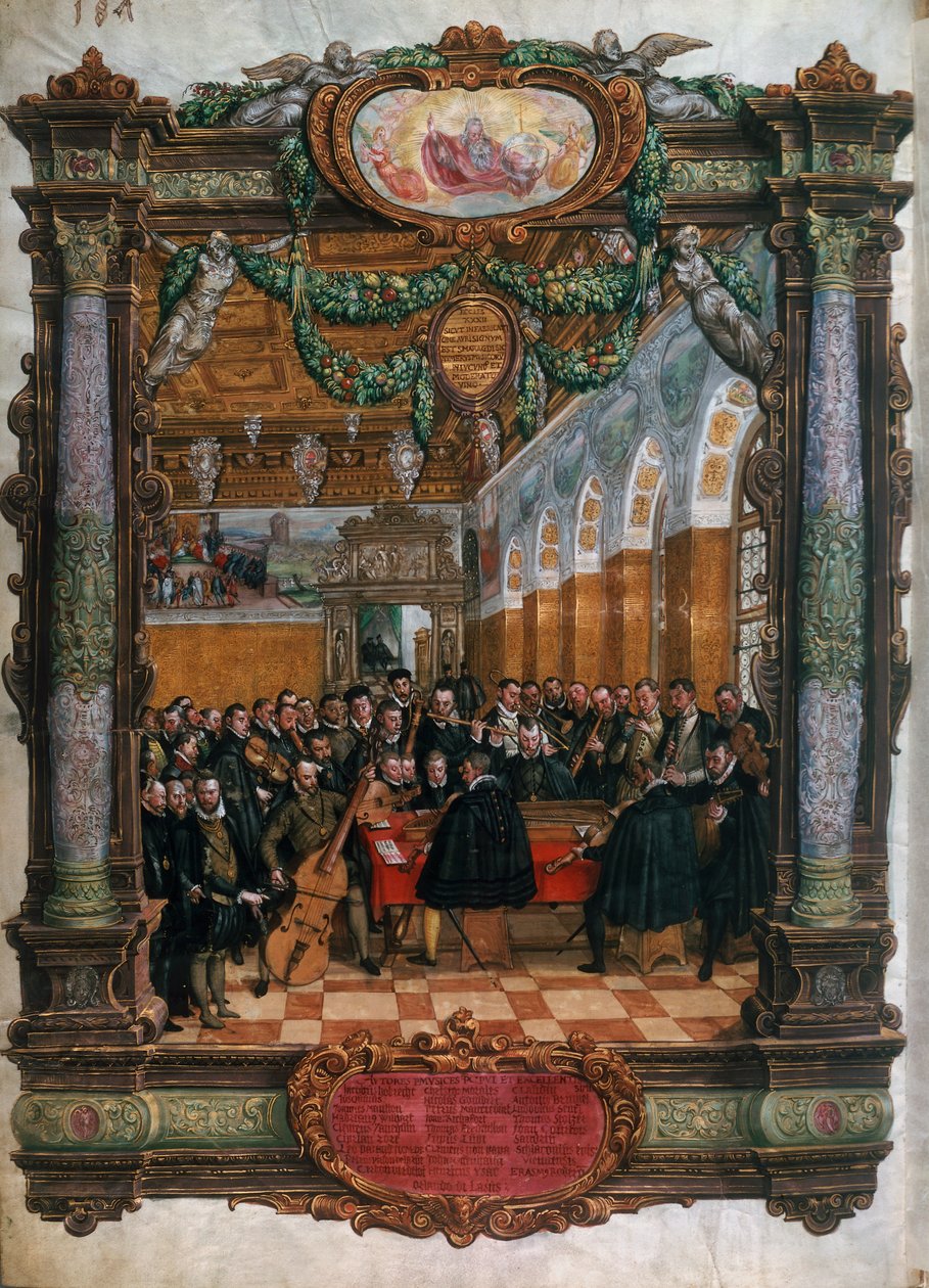 Orlando di Lasso (1532-1594), nere till vänster, i konsert för hertig Albrecht V av Bayern vid Münchens hov av Hans Mielich or Muelich