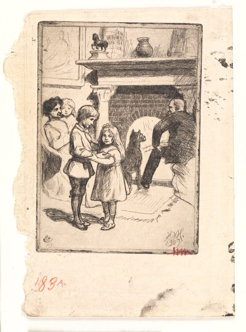 Nyårskort (familjen vid brasan) av Hans Nikolaj Hansen
