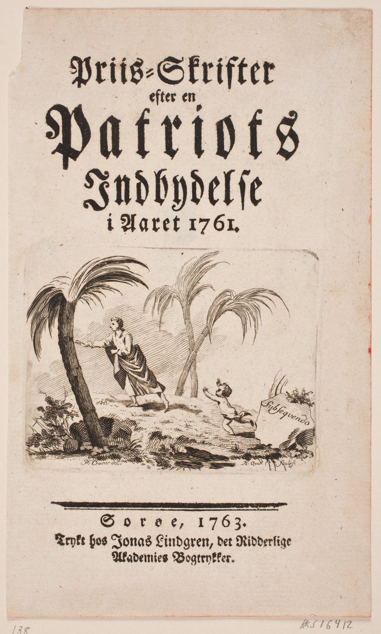 Titelsida med vinjett för "Pris-Skrifter efter en patriots inbjudan år 1761" av Hans Quist
