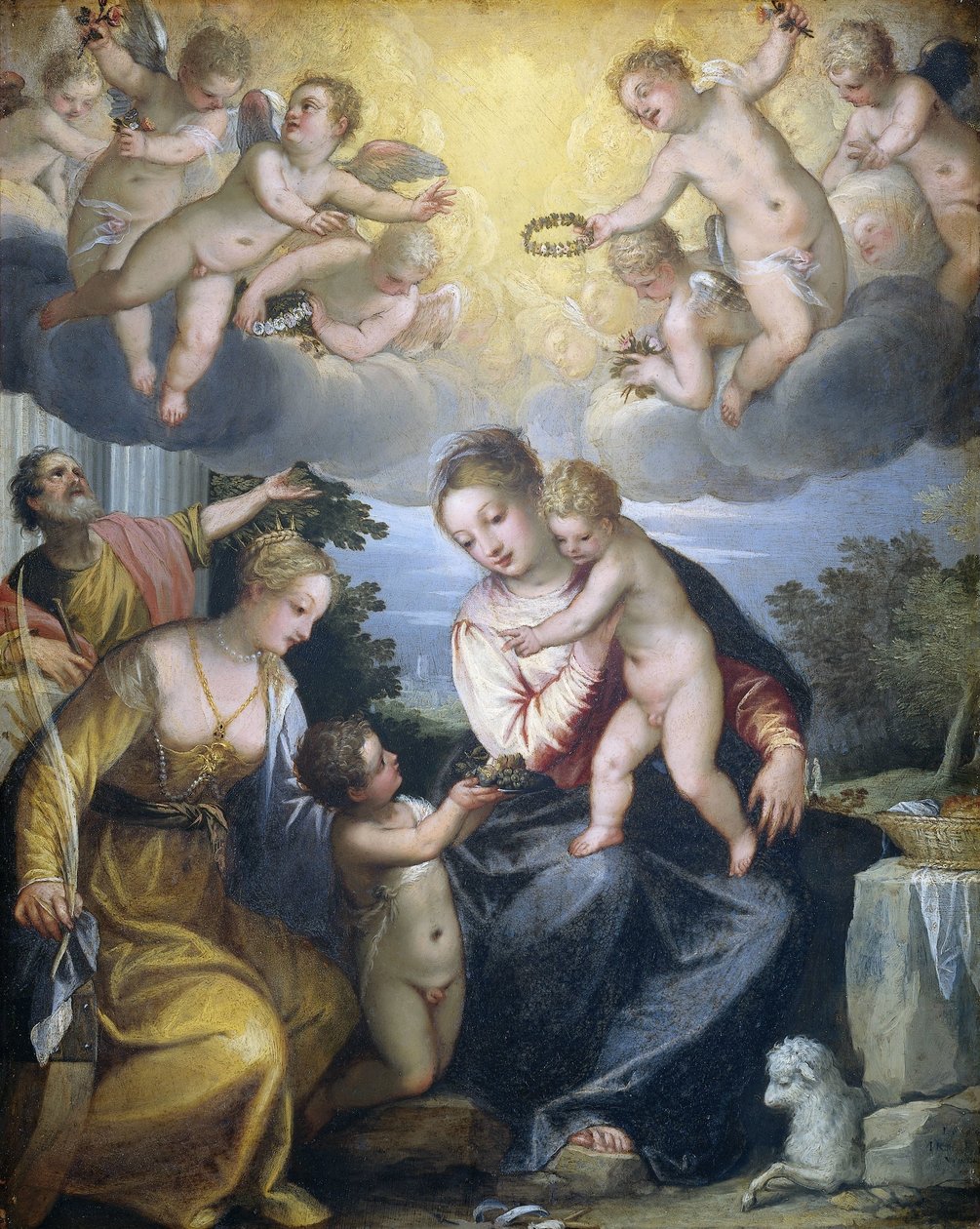 Jungfru och barn med unga Johannes Döparen och Saint Catherine av Hans Rottenhammer (I)