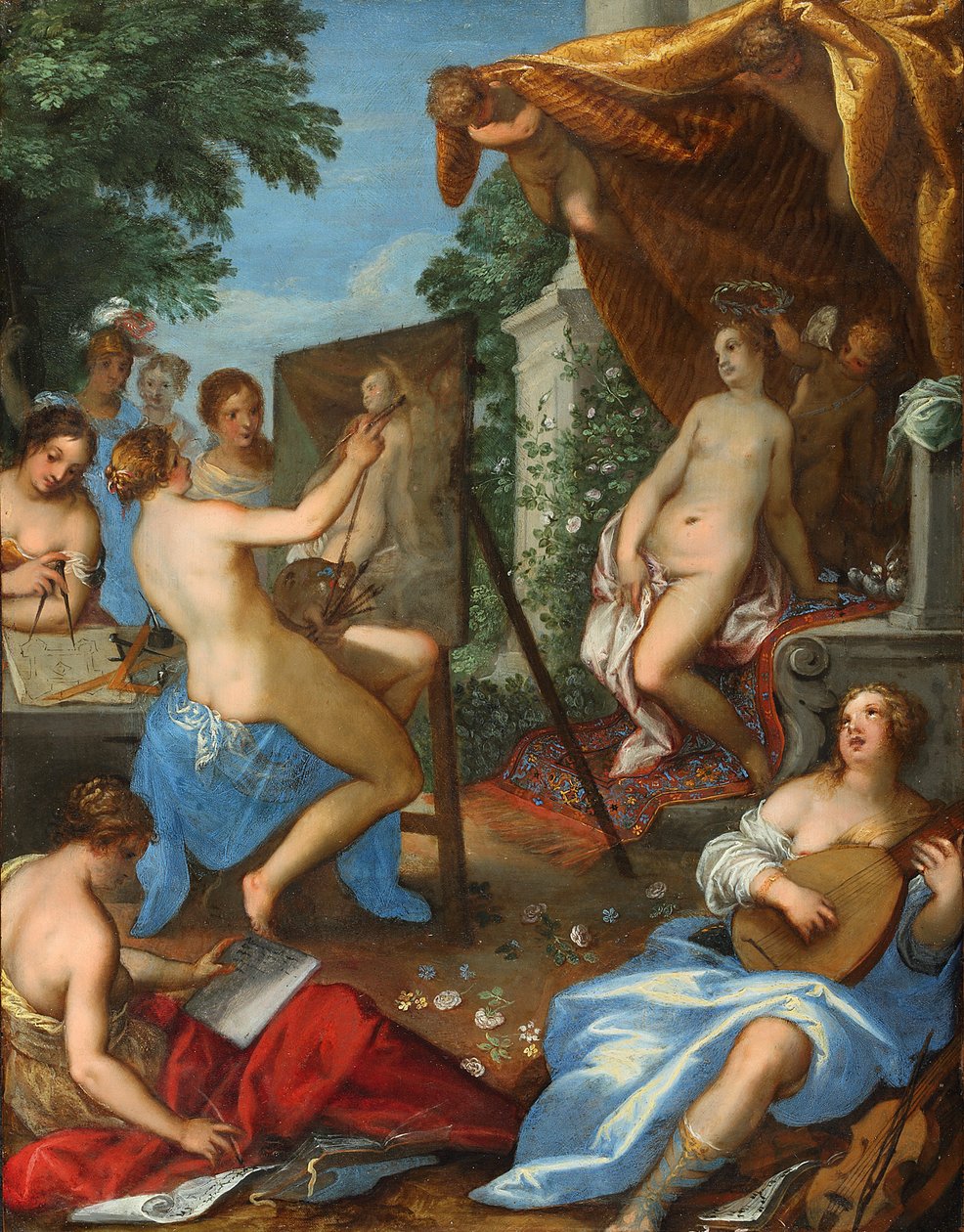 Allegori över konsterna med Pictura som målar Venus av Hans Rottenhammer