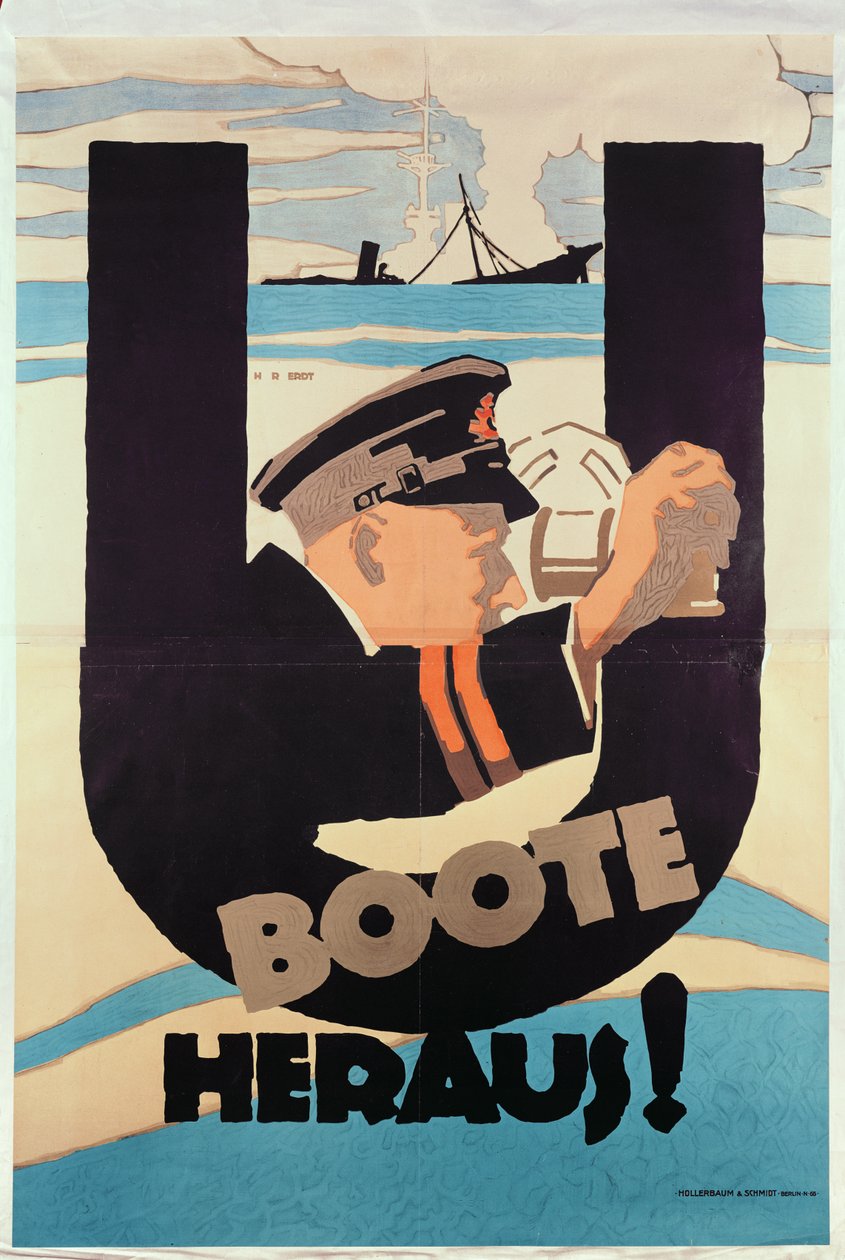 Tysk affisch från första världskriget, U BOOTE HERAUS (U BOATS AWAY) av Hans Rudi Erdt