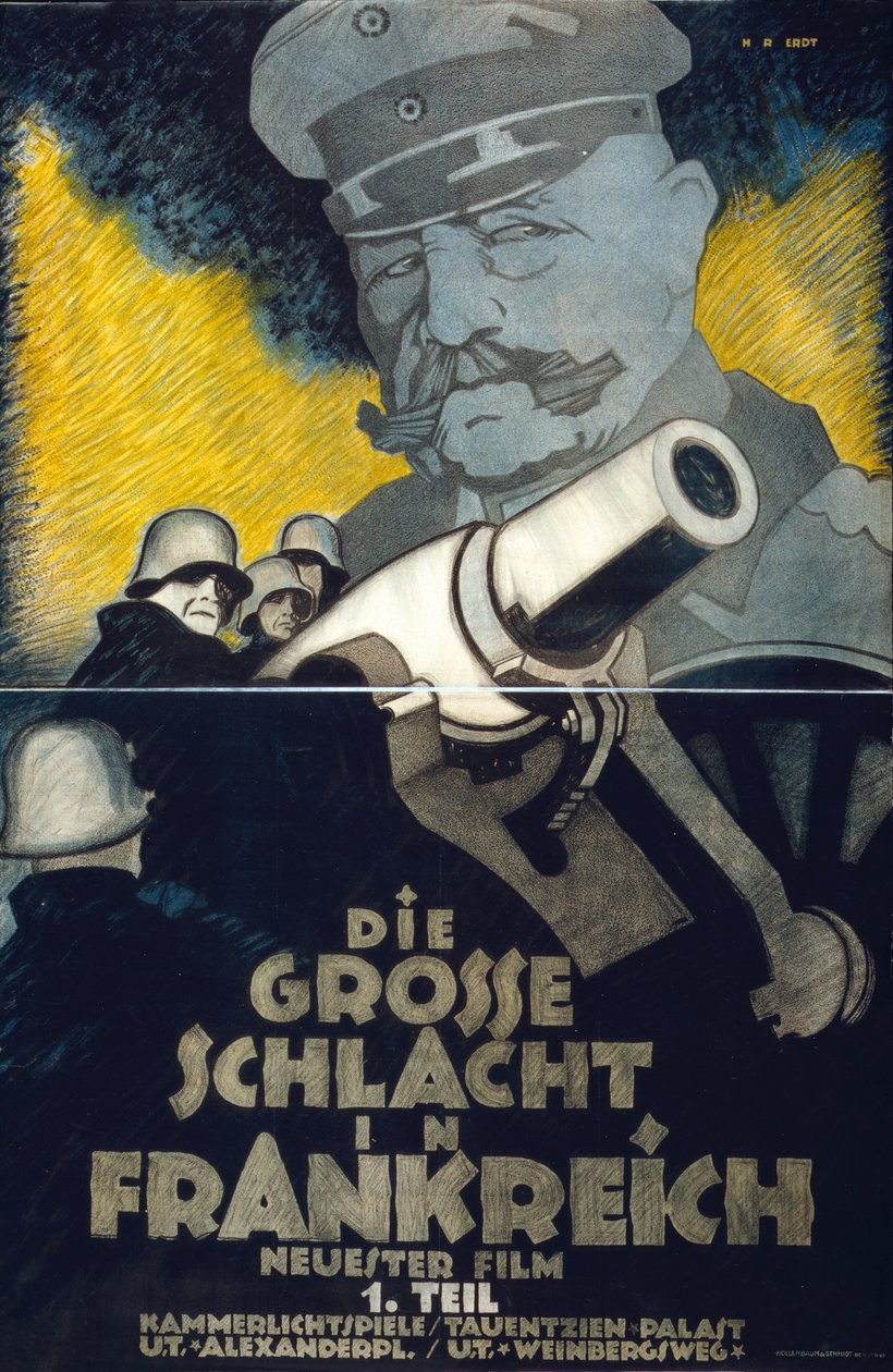 Affisch för första världskrigets film "Die Grosse Schlacht in Frankreich" del I (Det stora slaget i Frankrike): Tyska skyttar rundar en mortel. Fältmarskalk Hindenburg tornar upp sig i bakgrunden. Hans Rudi Erdt (1883-1918) tysk konstnär av Hans Rudi Erdt