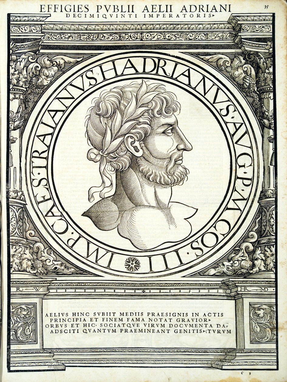 Aelius Hadrianus, illustration från de romerska kejsarna i hela öst och väst, de sannaste bilderna av antika mynt, träsnitt av Rudolph Wyssenbach, tryckt av Andreas Gesner, Zuri av Hans Rudolf Manuel Deutsch