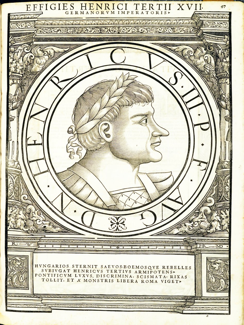 Henricus III, illustration från "Imperatorum romanorum omnium orientalium et occidentalium verissimae imagines ex antiquis numismatis", träsnitt av Rudolph Wyssenbach, tryckt av Andreas Gesner, Zürich. av Hans Rudolf Manuel Deutsch