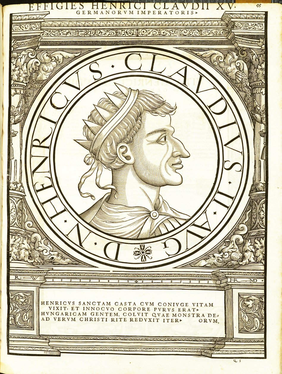 Henrik II Claudus, illustration från de romerska kejsarna i hela öst och väst med de mest autentiska bilderna av de gamla mynten, träsnitt av Rudolph Wyssenbach, tryckt av Andreas Gesner, Z av Hans Rudolf Manuel Deutsch