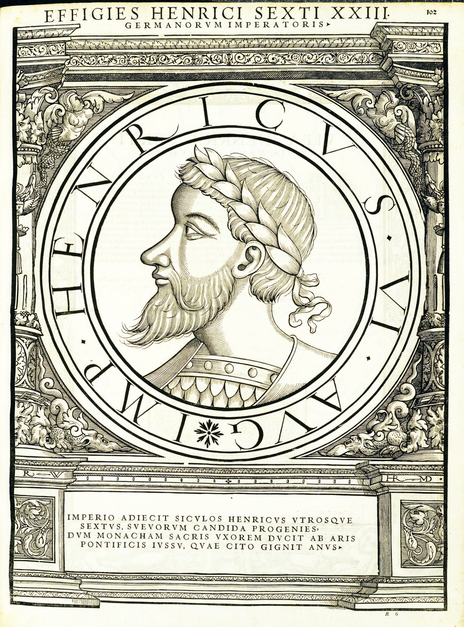 Henrik VI, illustration från de mest autentiska bilderna av de antika romerska kejsarna i öst och väst, träsnitt av Rudolph Wyssenbach, tryckt av Andreas Gesner, Zürich, 1 av Hans Rudolf Manuel Deutsch