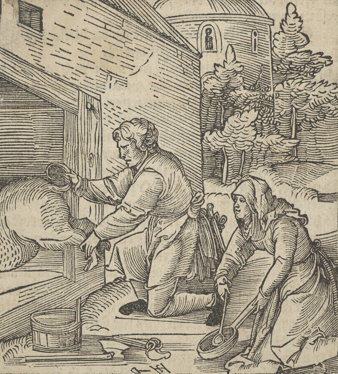 En bonde som slaktar ett svin, från Hymmelwagen auff dem, wer wol leben..., 1517. av Hans Schäufelein the Elder
