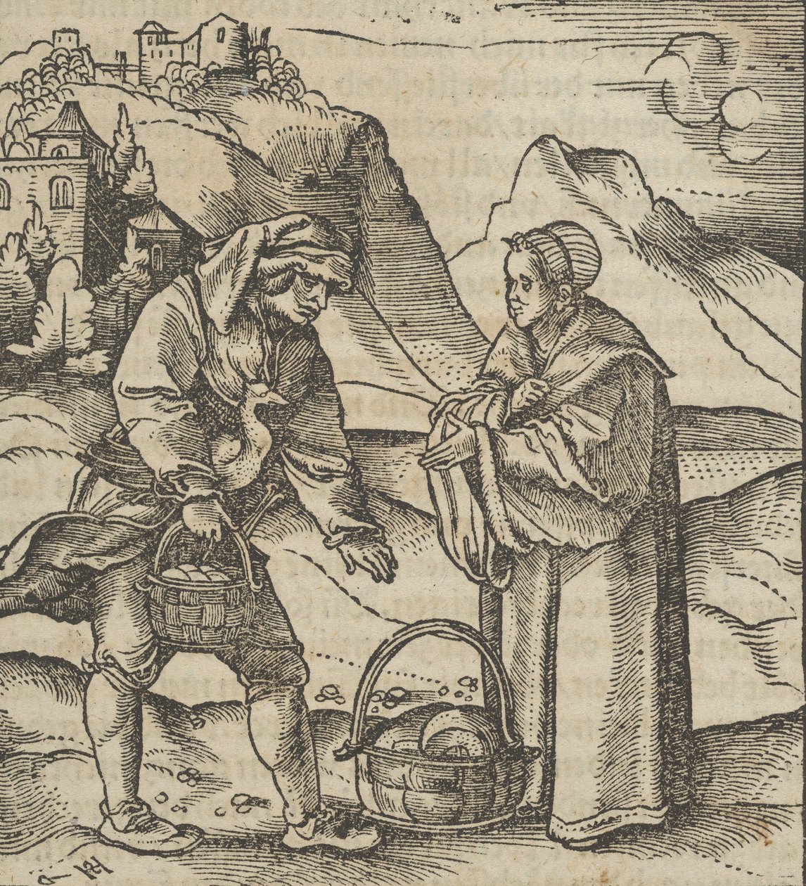 En bonde och hans beskyddare, från Hymmelwagen auff dem, wer wol leben..., 1517. av Hans Schäufelein the Elder