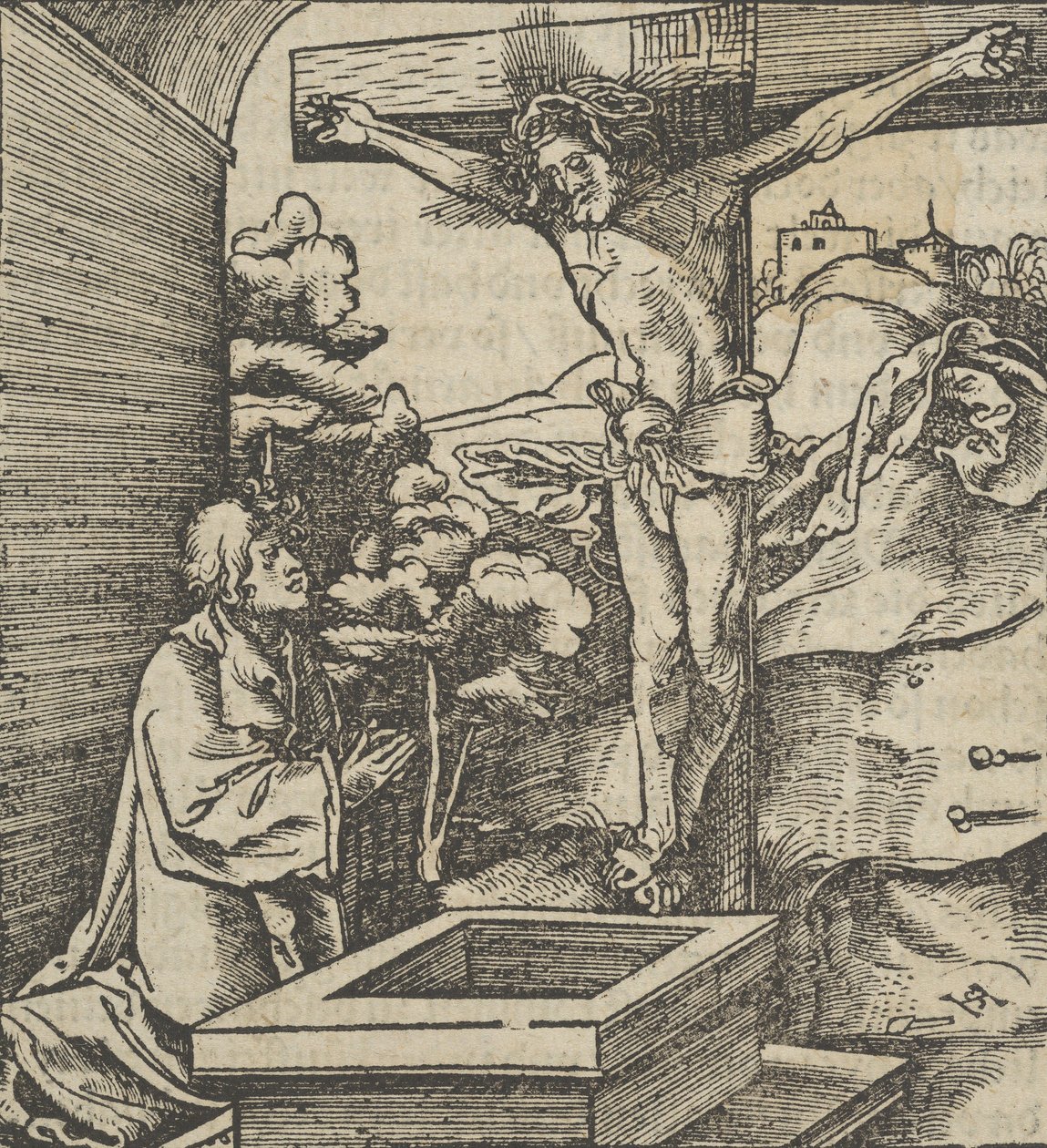 En man som ber framför ett krucifix, från Hymmelwagen auff dem, wer wol Leben..., 1517. av Hans Schäufelein the Elder