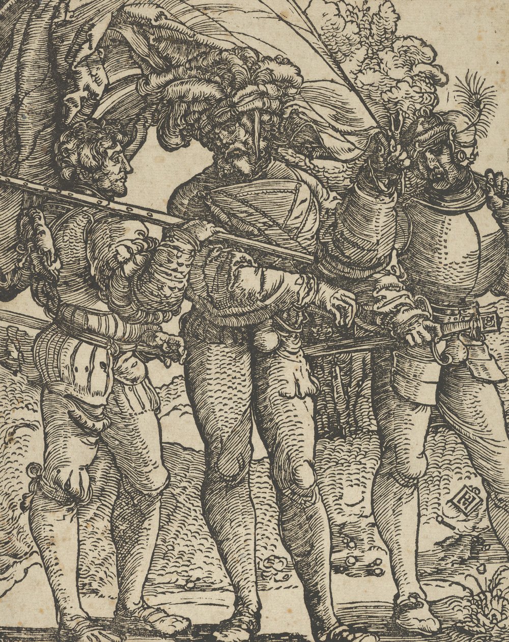 En fanbärare flankerad av en Lansquenet vid varje sidokopia. av Hans Schäufelein the Elder