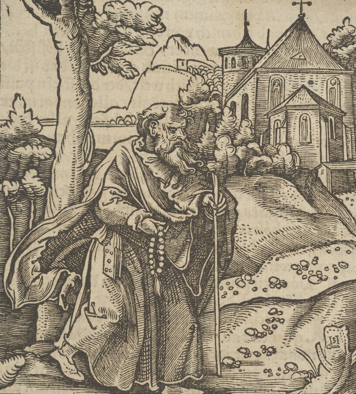 En gammal pilgrim som går till höger, från Hymmelwagen auff dem, wer wol Leben..., 1517. av Hans Schäufelein the Elder