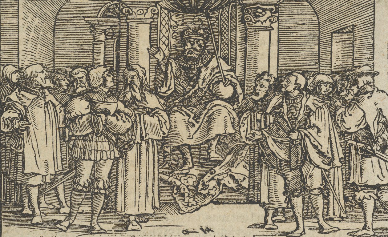 Representanter för Aten och Korint vid Archidamas hov, kung av Sparta, från..., 1533. av Hans Schäufelein the Elder