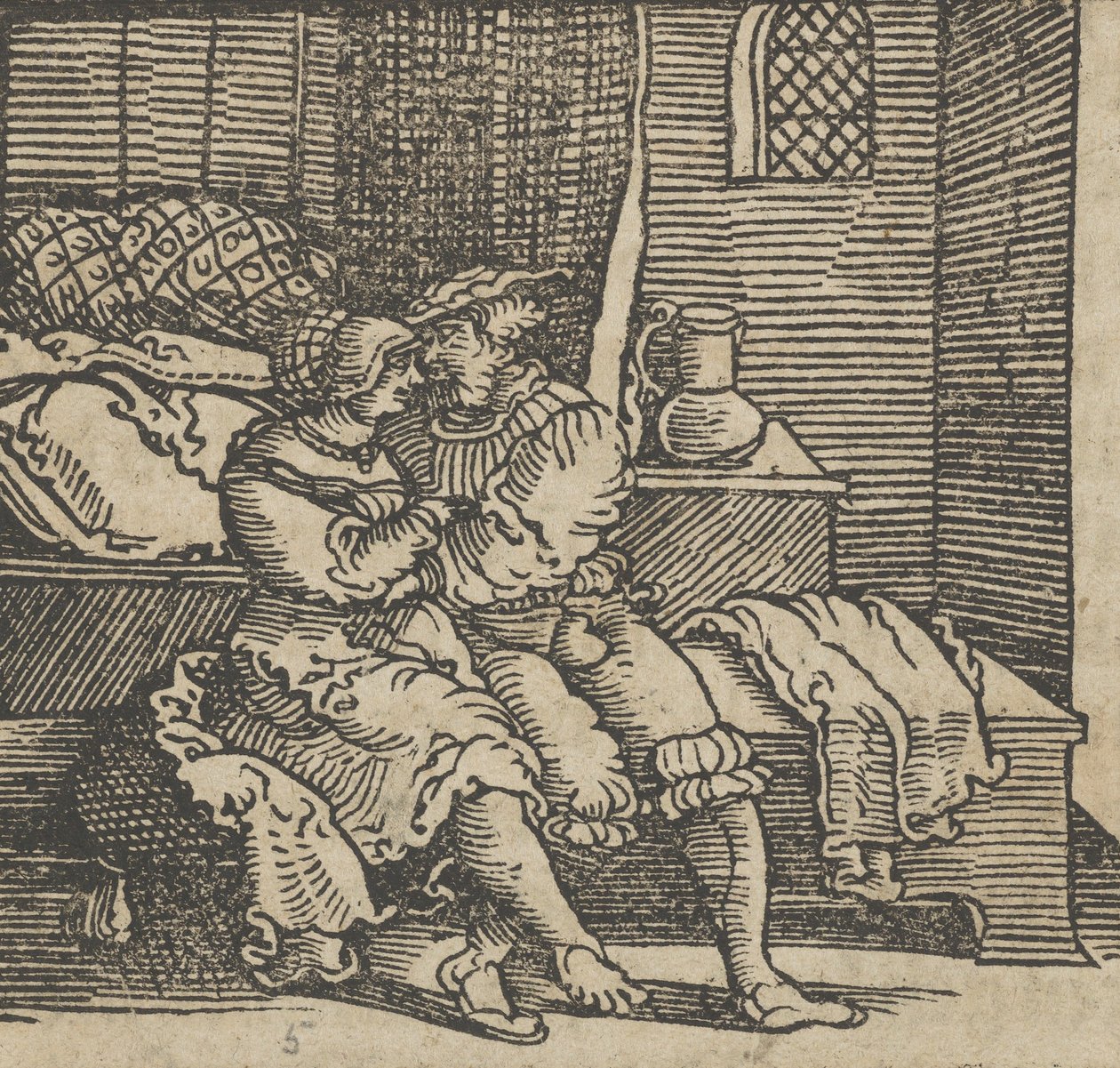 Spinneloccio inlåst i en kista, på vilken hans fru och Zeppa sitter, från The..., före 1534. av Hans Schäufelein the Elder