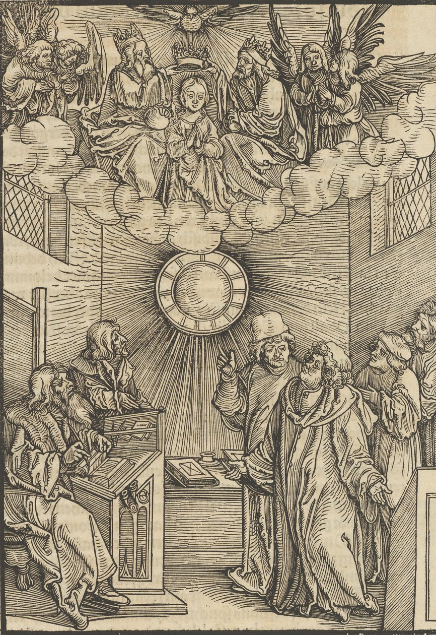 The Author Writing the Layenspiegel, The Trinity and the Virgin at the Upper Center, från ..., 1511. av Hans Schäufelein the Elder