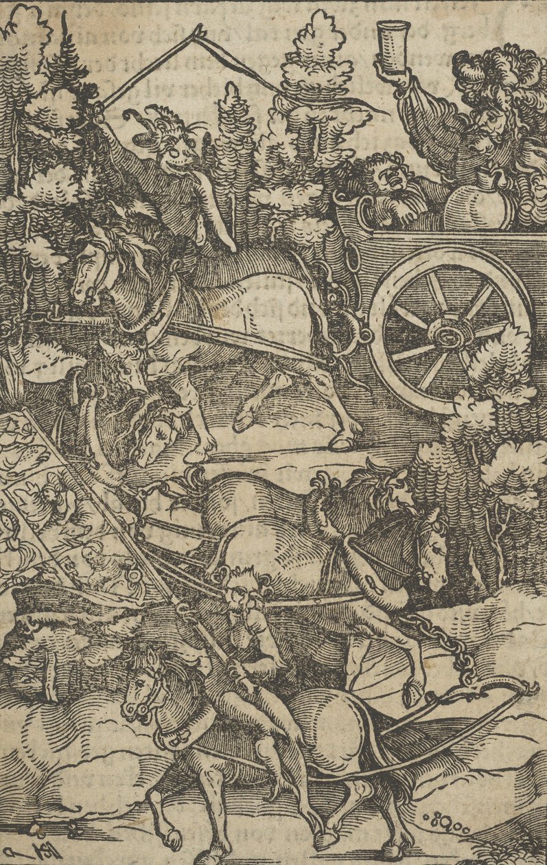 Den berusade mannen på en vagn på väg till helvetet, från Hymmelwagen på vem som lever....., 1517. av Hans Schäufelein the Elder