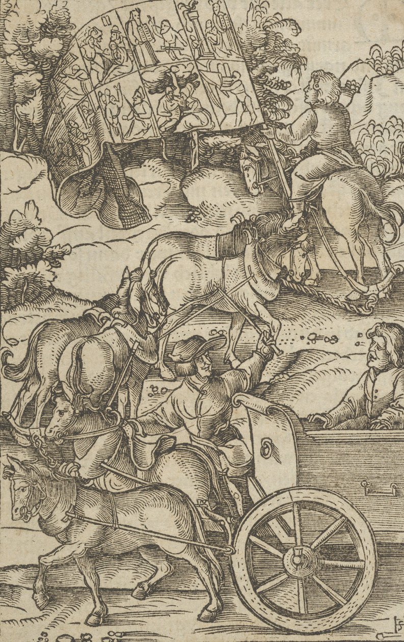 Den dygdige mannen på en vagn på väg till himlen, från Hymmelwagen auff dem, wer wol leb..., 1517. av Hans Schäufelein the Elder