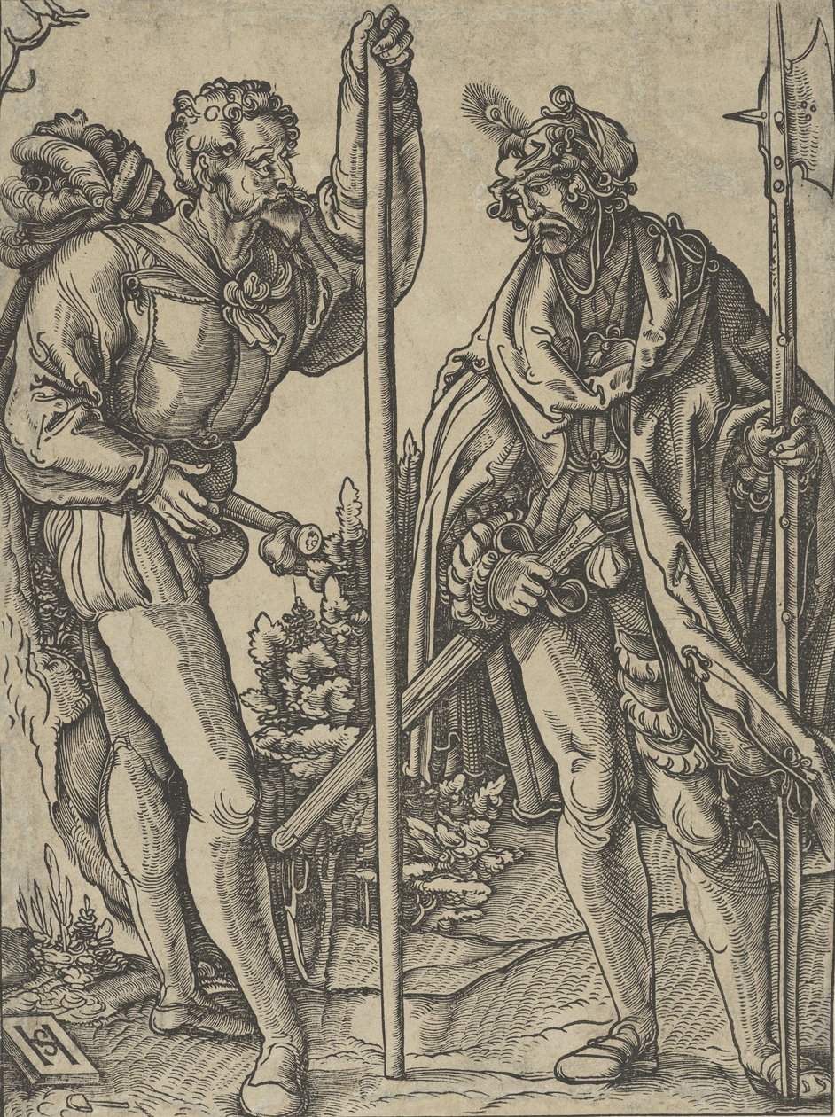 Två soldater med lans och hellebard samtalande, ca. 1515. av Hans Schäufelein the Elder