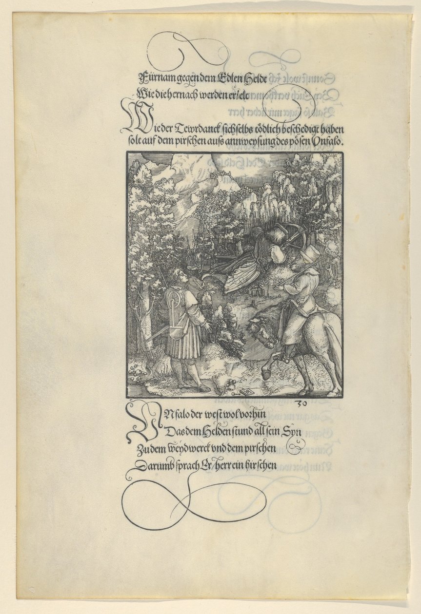 Unfalo får Theuerdanck att falla i en fälla under en jakt, från Theuerdanck, 1517. av Hans Schäufelein the Elder