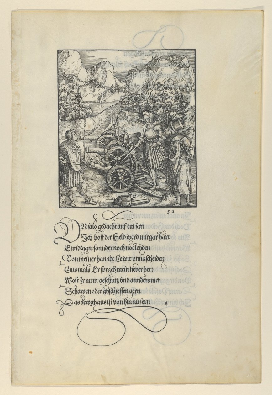 Unfalo som hotar Theuerdanck, orsakar explosionen av tre kanoner, från Theuerdan..., 1517. av Hans Schäufelein the Elder