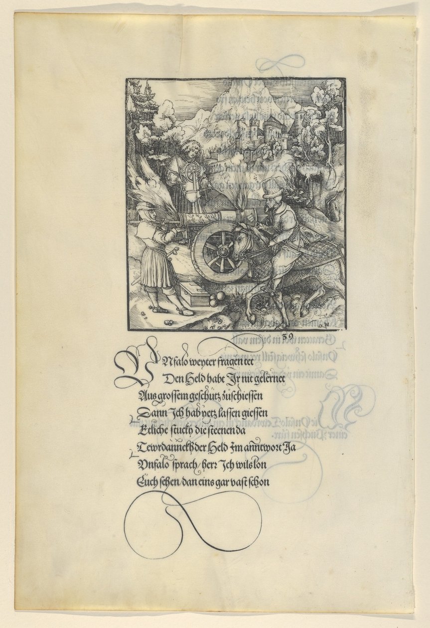 Unfalo som utsätter Theuerdanck i fara medan man avfyrar en kanon, från Theuerdanck, 1517. av Hans Schäufelein the Elder