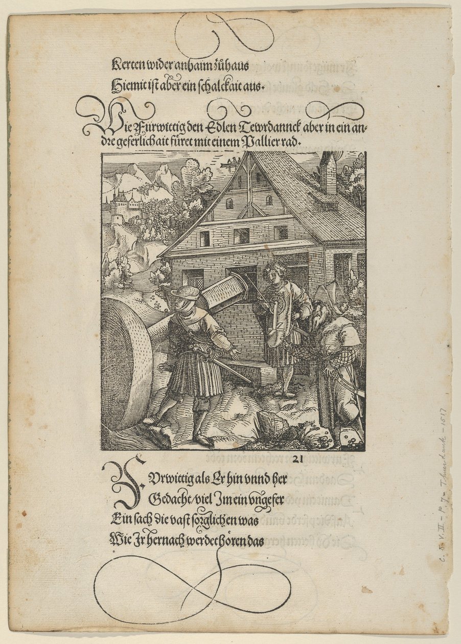 Uppmanad av Fürwittig, Theuerdanck försöker manipulera en polerande sten, från Theuerdanck,..., 1517. av Hans Schäufelein the Elder