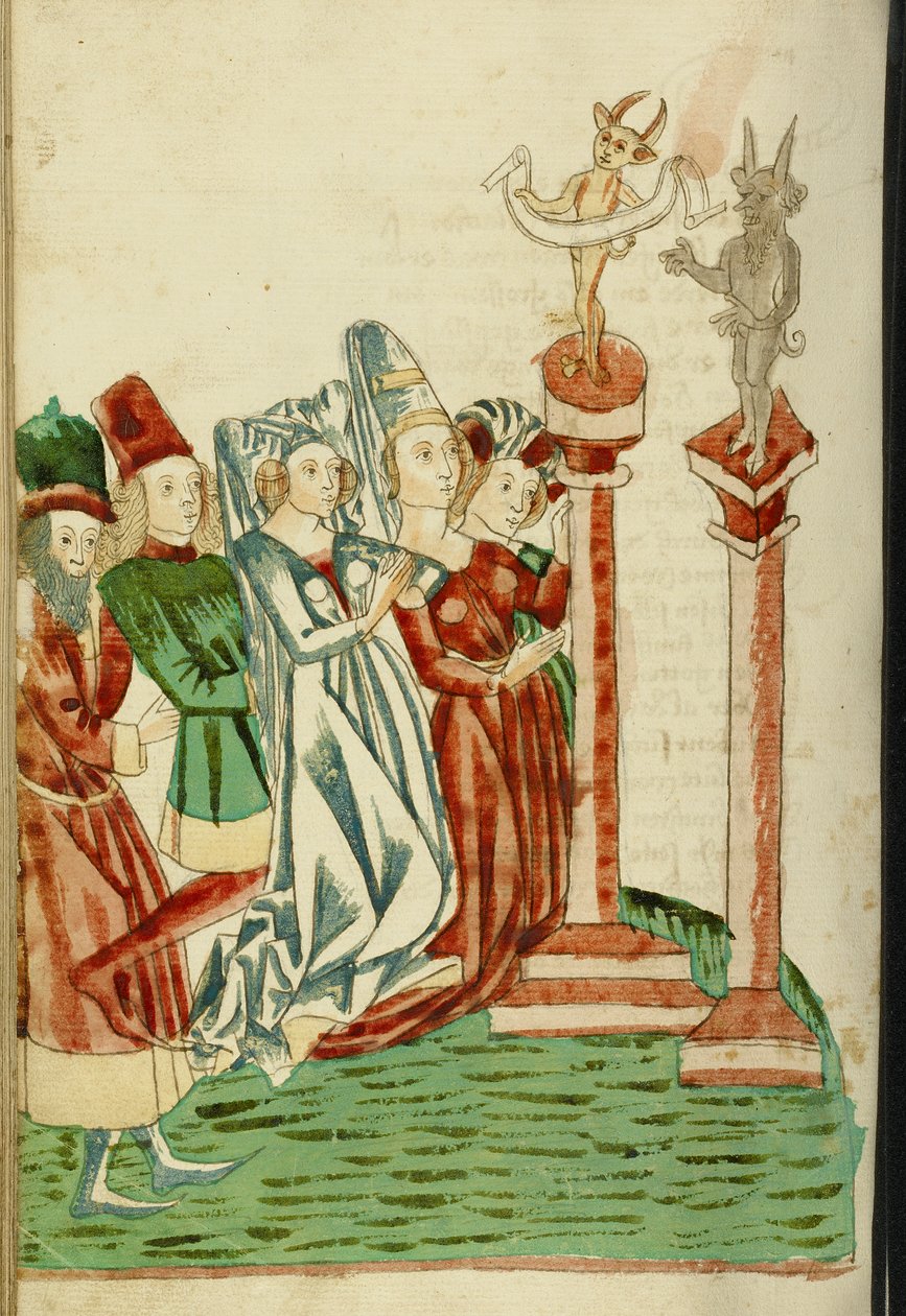 A Group of men and Women Worship Two Idols, 1469 (bläck, tvättar och tempera på papper) av Hans Schilling