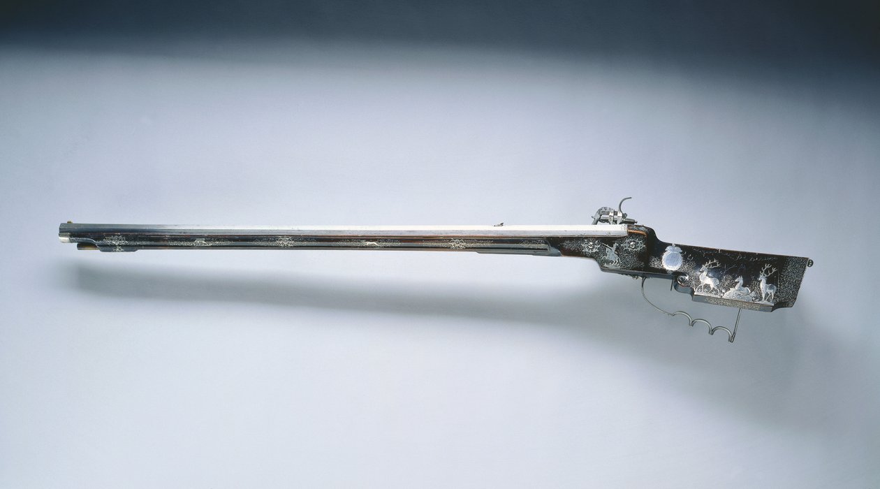 Wheel-Lock jaktgevär, mitten av 1600-talet (stål, lackerat trä (valnöt) lager dekorerad med inlagd silvertråd och applikationer) av Hans Schmidt