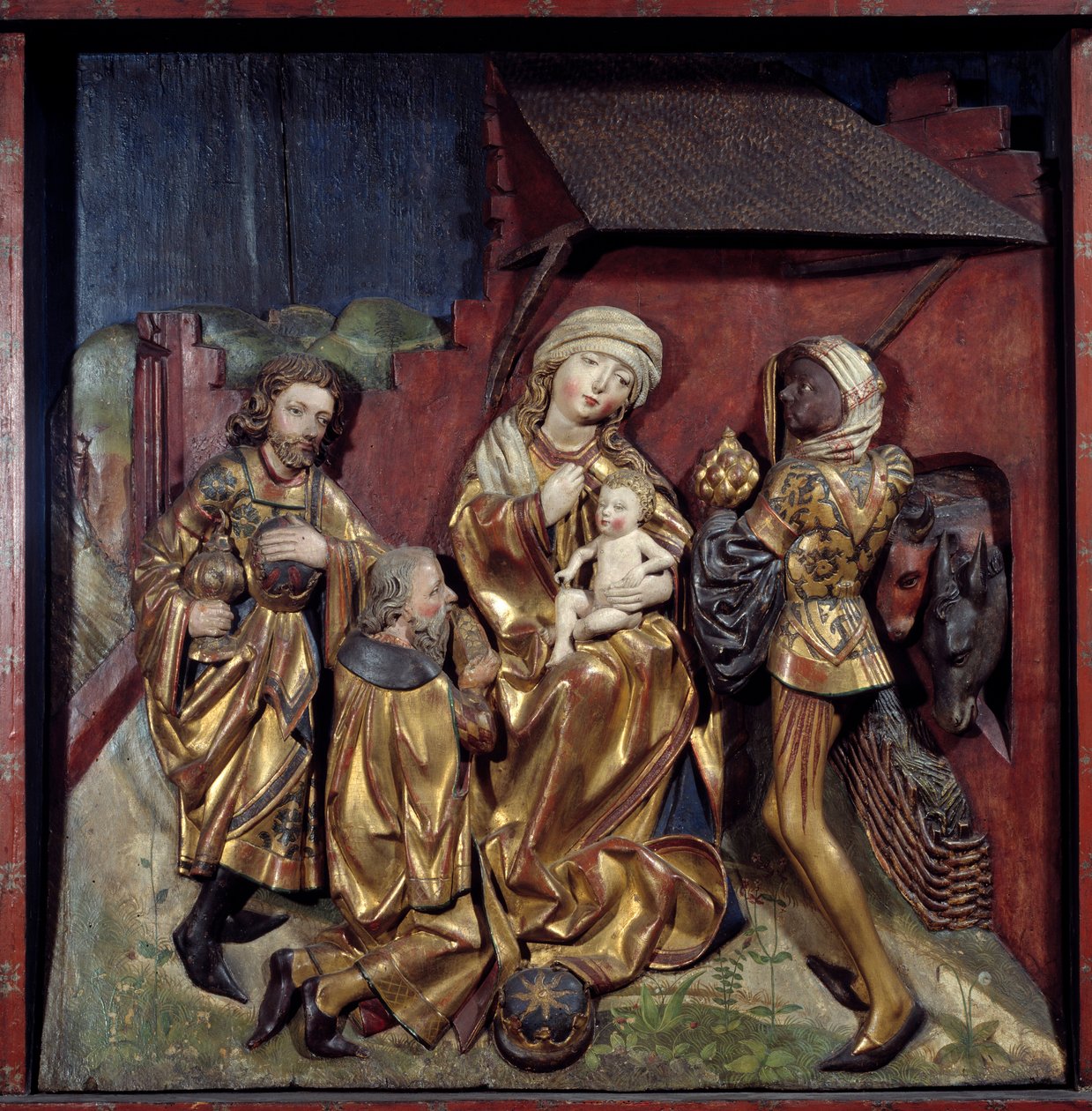 Tillbedjan av Magi Relief på polykromt guldträ av Hans Schuechlin (1440-1505) av Hans Schüchlin