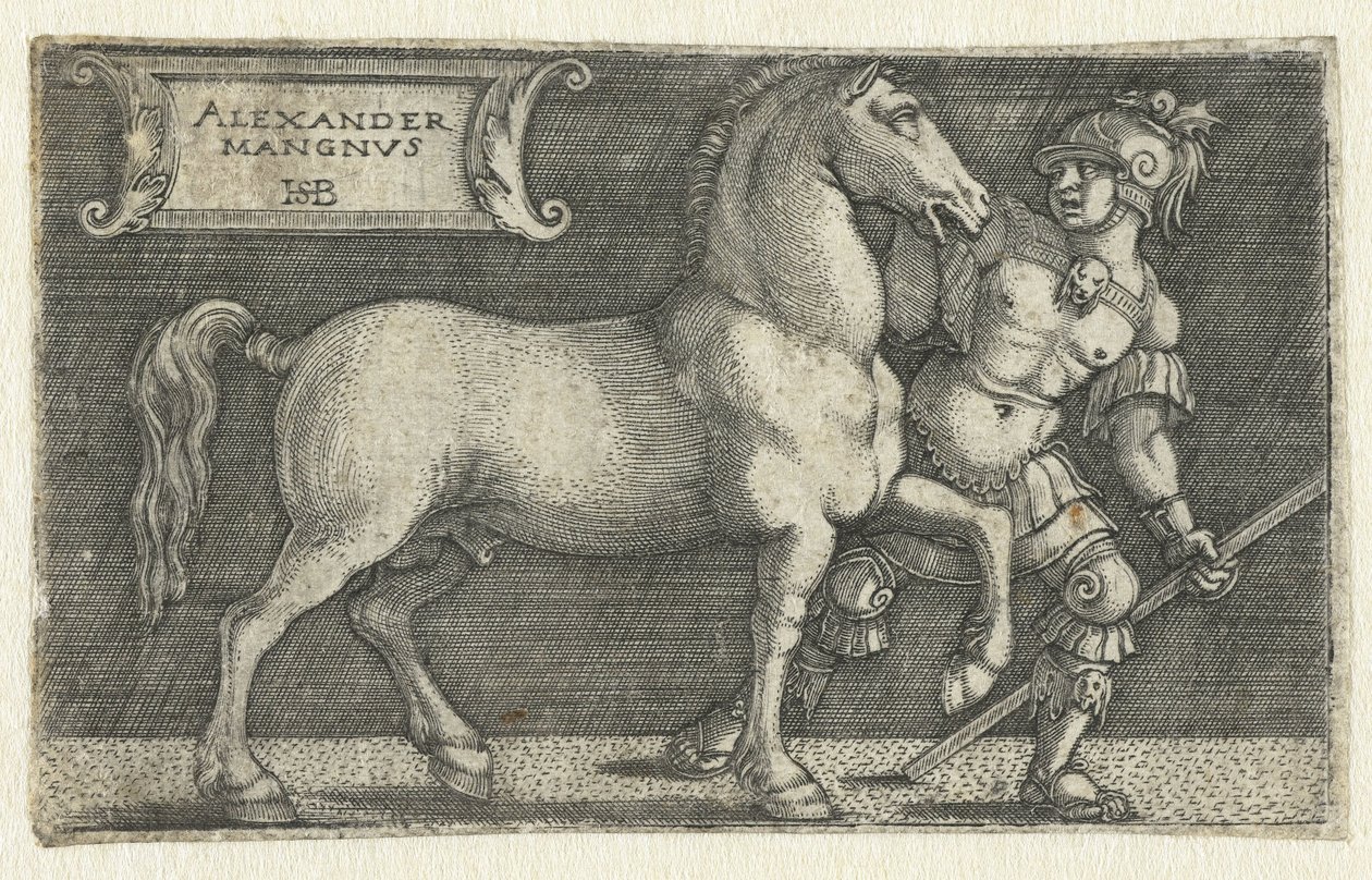 Alexander den store med sin häst Bucephalus Alexander Mangnvs (titel på objekt) av Hans Sebald Beham