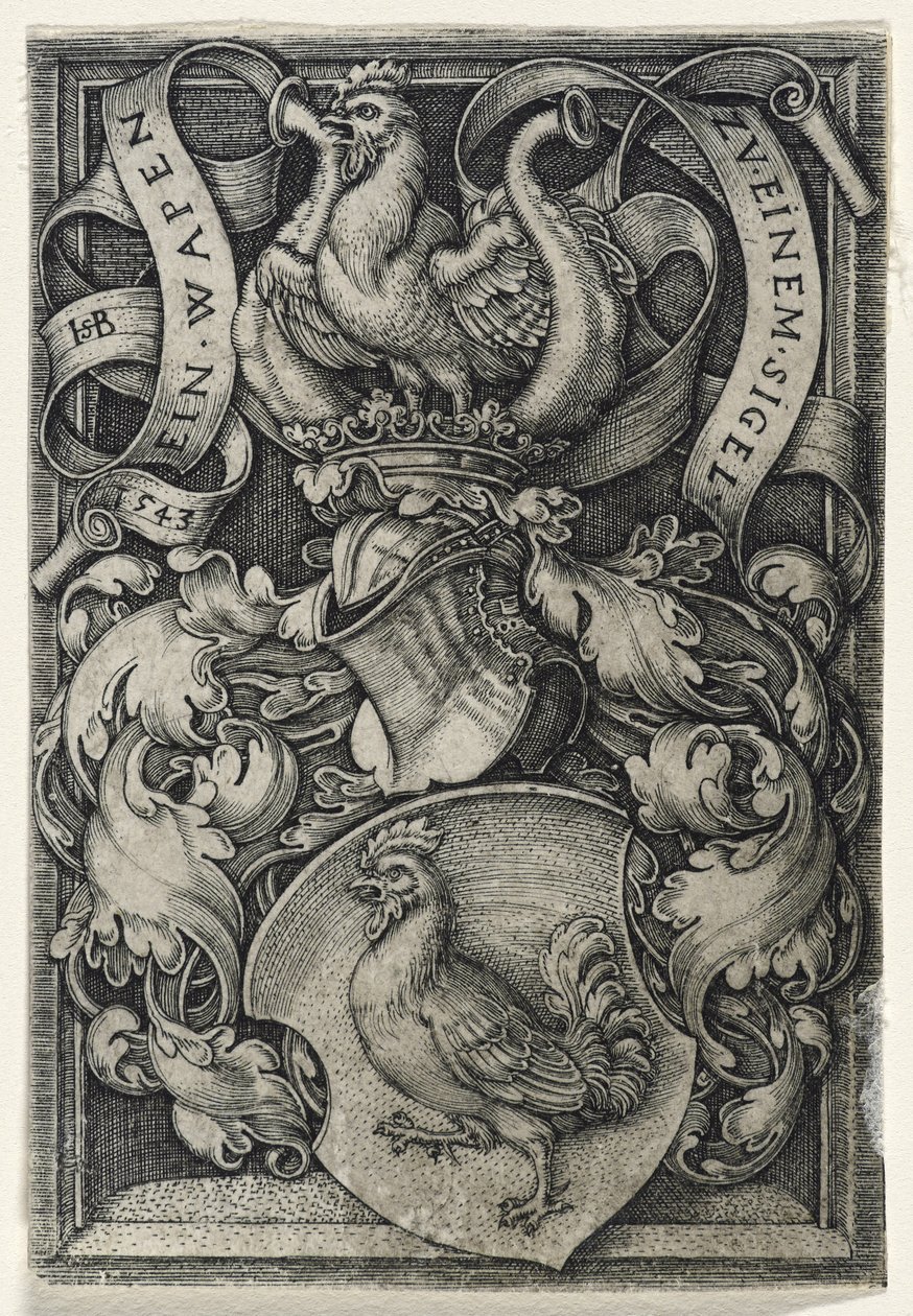 Vapensköld med en hane, 1543 (gravyr på lagt papper) av Hans Sebald Beham