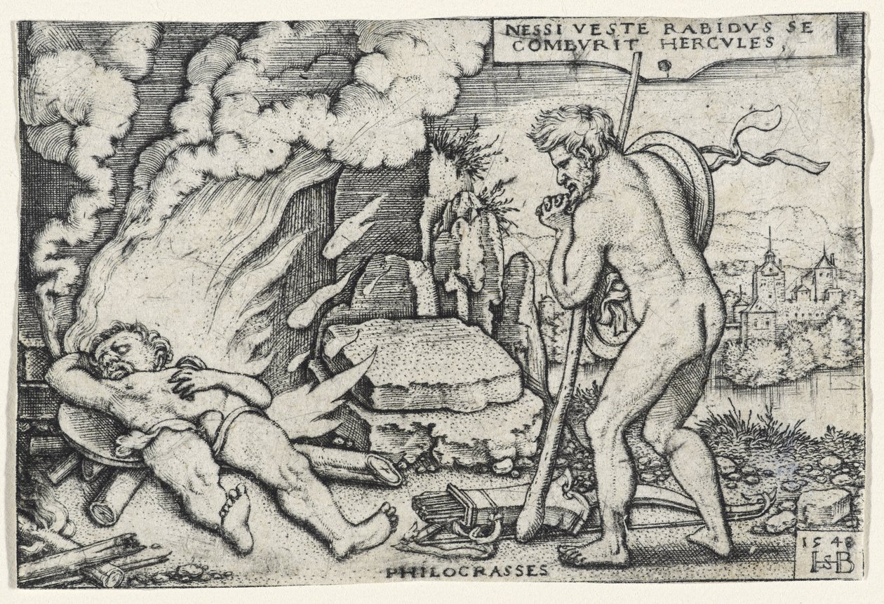 Herkules död, 1548 (gravyr på lagt papper monterat på massaskiva) av Hans Sebald Beham