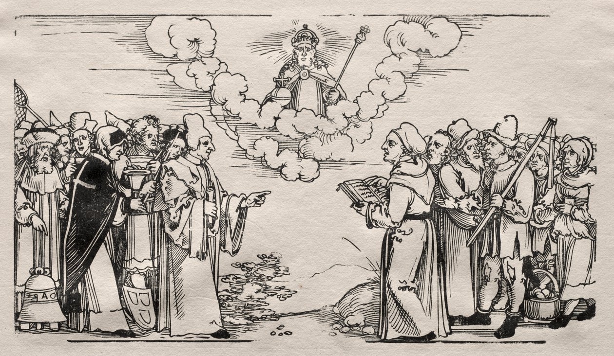 Tvist mellan Luther och en katolsk teolog. av Hans Sebald Beham
