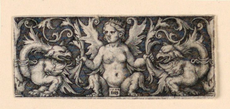 Fris med bevingad kvinnofigur och två groteska tuppar av Hans Sebald Beham