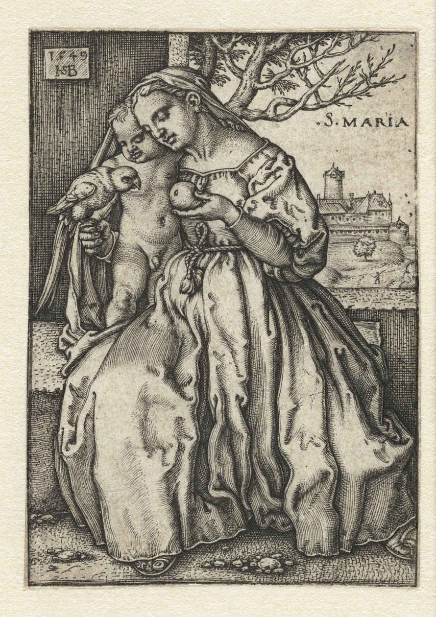 Mary med barn och papegoja och päron av Hans Sebald Beham