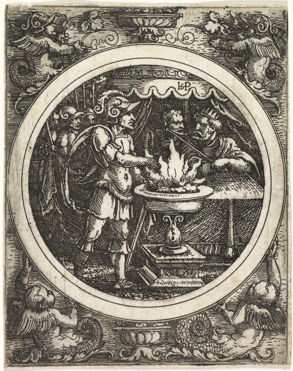Mucius Scaevola håller sin hand i elden av Hans Sebald Beham
