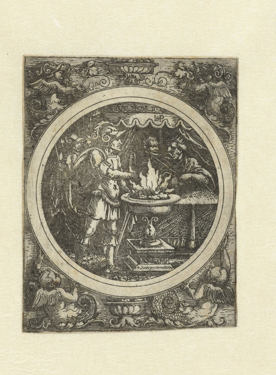 Mucius Scaevola med höger hand i elden av Hans Sebald Beham