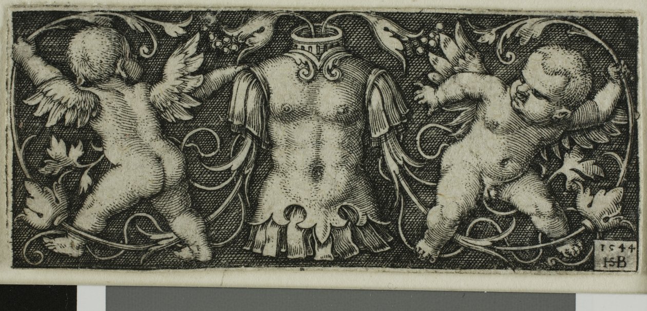 Prydnad med rustningar och två Genii, från fyra vinjetter av Hans Sebald Beham