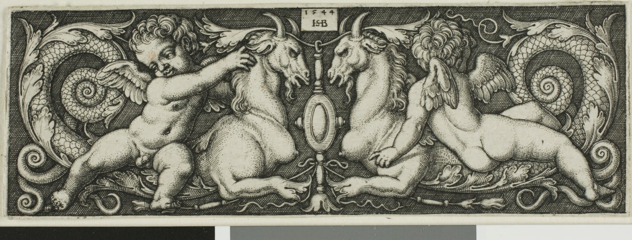 Prydnad med två Genii Ridande Chimerical Beasts av Hans Sebald Beham