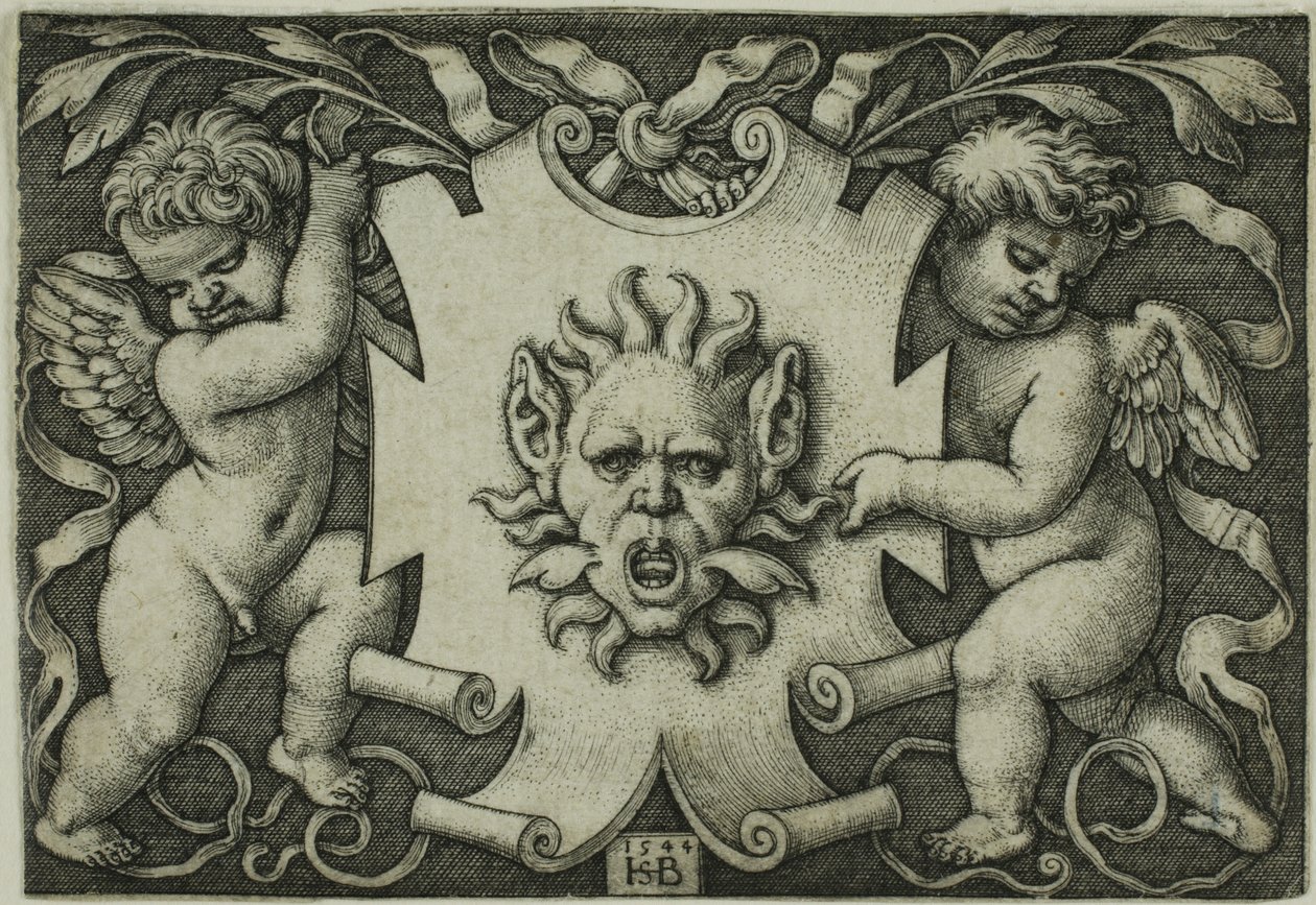 Prydnad med en mask som hålls av två genier av Hans Sebald Beham