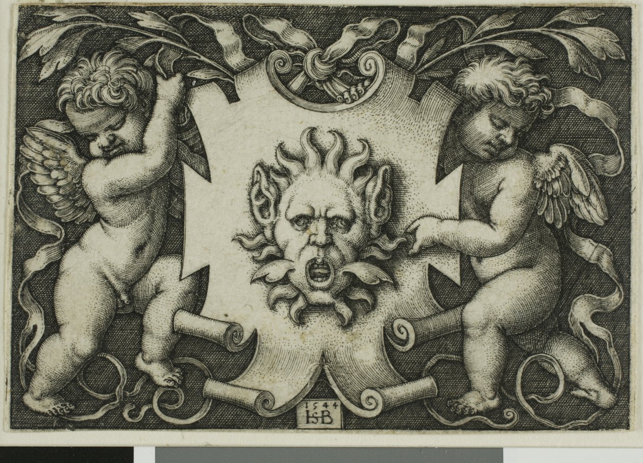Prydnad med en mask som hålls av två genier av Hans Sebald Beham